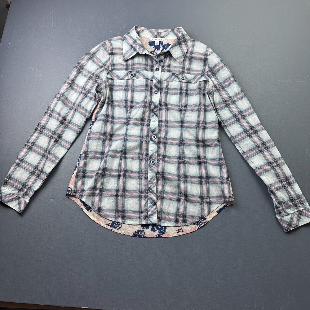 CAbi Women's Size Small Plaid Button Up Shirt Floral Back Long Sleeve Cotton Top